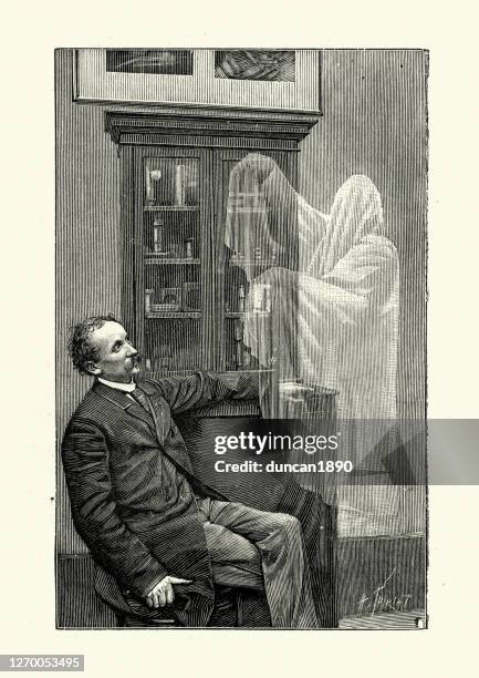 ghost appearing before a man, victorian 19th century - victorian house stock illustrations