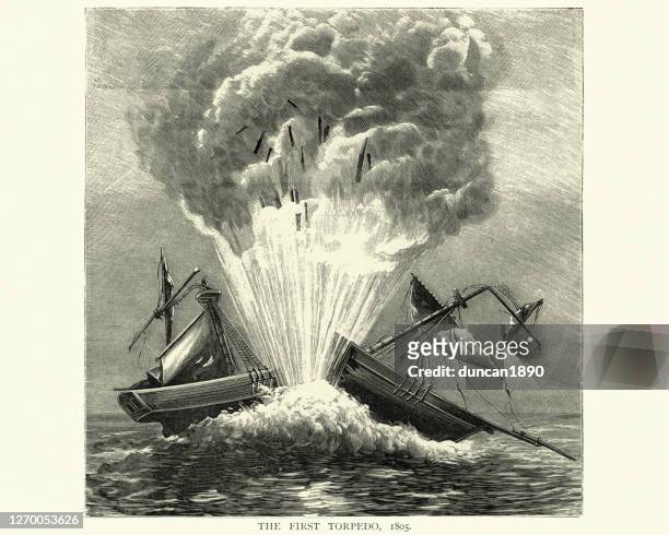 experimental use of robert fulton's torpedo, sink a ship, 1805 - torpedo stock illustrations