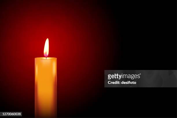 vector illustration of one lit candle with wick burning and giving yellow flame over dar maroon background - candle stock illustrations