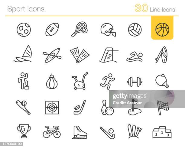 stockillustraties, clipart, cartoons en iconen met sporticonen // line premium - hockey equipment