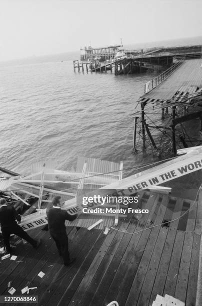 Southend Pier in Southend-on-Sea, Essex, a few days after the tanker 'MV Kingsabbey' sliced through it, destroying the lifeboat station, 2nd July...