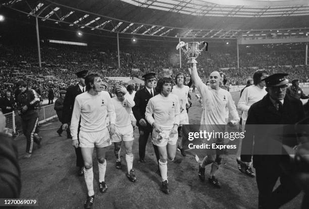 Tottenham Hotspur pose with the trophy after winning the 1973 Football League Cup Final against Norwich City at Wembley Stadium in London, 3rd March...