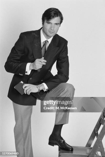 Dark-haired male model in a jacket and tie, 17th January 1985.