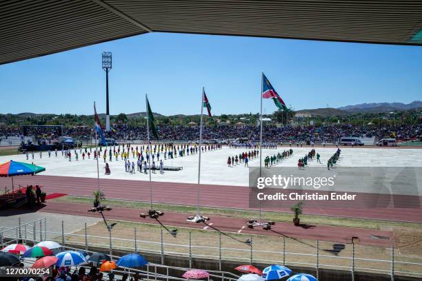 People celebrate the 29th anniversary of liberation of Namibia, at the Independence Stadium, in Windhoek, Namibia, on March 21, 2019. Namibia became...