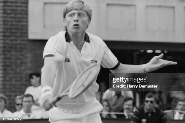 German tennis player Boris Becker at play during the Stella Artois Championships at the Queen's Club in West Kensington, London, part of the 1985...