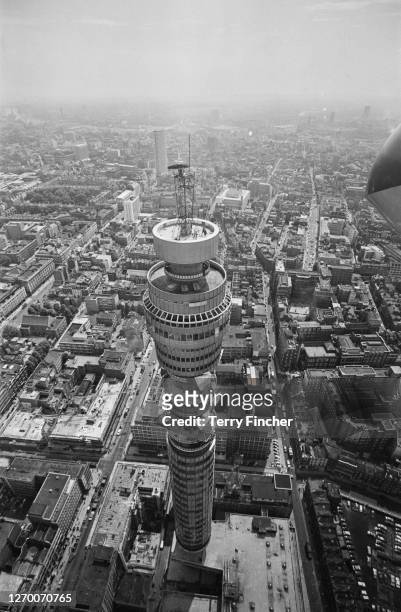 The newly-opened Post Office Tower, later the BT Tower in Fitzrovia, London, as seen from a helicopter, 22nd July 1966.