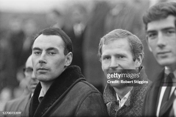 From left to right, footballers Alan Gilzean , Frank Saul and Pat Jennings at a Tottenham Hotspur Youth V West Ham Youth match, UK, December 1965.