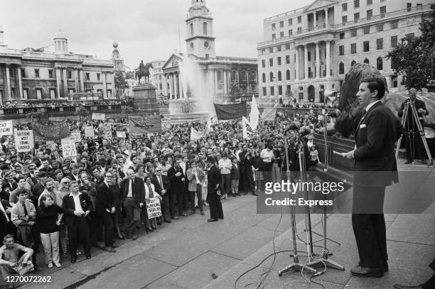 British politician David Steel addresses a Freedom For Rhodesia rally in Trafalgar Square, London, 26th June 1966.