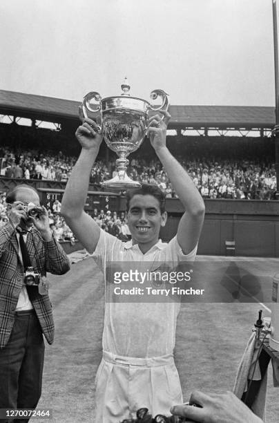 Spanish tennis player Manuel Santana wins the Men's Singles title at the Wimbledon Championships, London, UK, 1st July 1966.