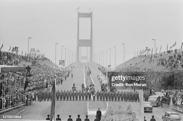 The opening of the Severn Bridge between South Gloucestershire in England and Monmouthshire in South Wales, 8th September 1966. Queen Elizabeth II...