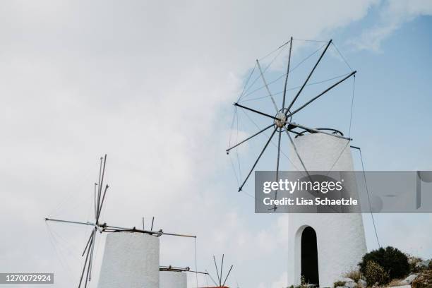 old traditional windmills at crete, greece - tech crete stock pictures, royalty-free photos & images