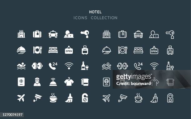 ilustraciones, imágenes clip art, dibujos animados e iconos de stock de iconos de recepción de flat & line hotel - hotel