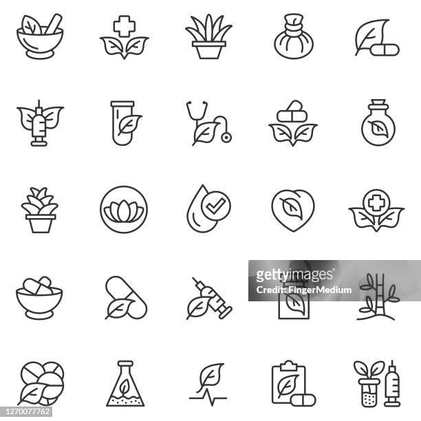 herbal medicine icon set - ayurveda stock illustrations