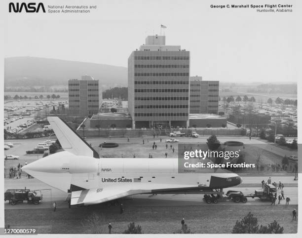 High angle view of the Space Shuttle Enterprise as it arrives at Marshall Space Flight Center in Huntsville, Alabama, 15th March 1978. Enterprise is...