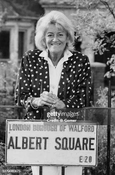 Gene Rook English journalist Jean Rook by the sign for Albert Square in the ...