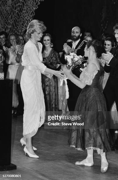 Diana, Princess of Wales presents the Evening Standard Award to ballerina Natalia Makarova after the London Festival Ballet's gala performance of...