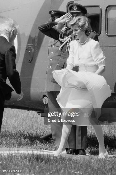 Diana, Princess of Wales arrives by the Queen's Flight helicopter for a visit to Bath, England, 31st May 1985.