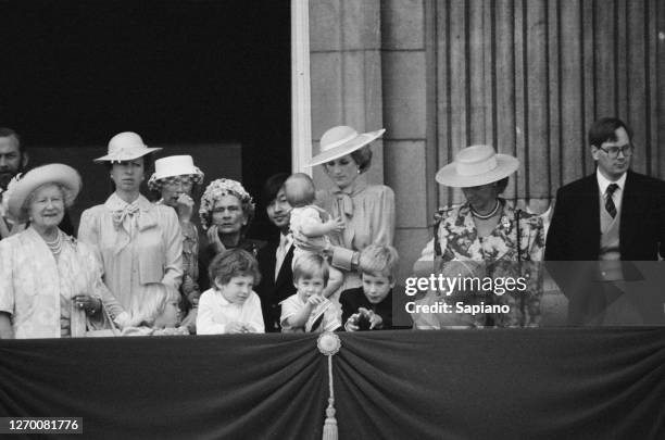 The royal family gather on the balcony of Buckingham Palace in London for the Trooping the Colour ceremony, 15th June 1985. From left to right, Queen...