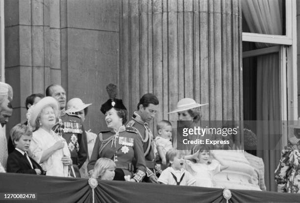 The royal family gather on the balcony of Buckingham Palace in London for the Trooping the Colour ceremony, 15th June 1985. Among them are Peter...