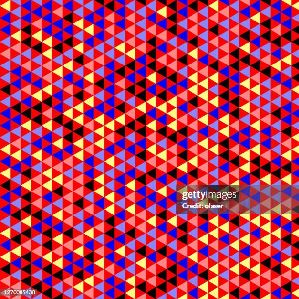 semi random, adjacent triangles never have the same color. limited colors. equilateral small triangles equally sided, repeatable pattern background illustration. - small triangle pattern stock illustrations