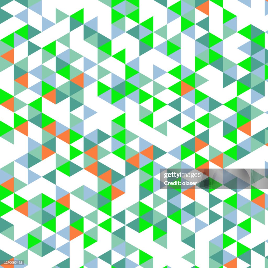 No adjacent triangles of same color! Scattered equilateral triangles equally sided, repeatable pattern background illustration.