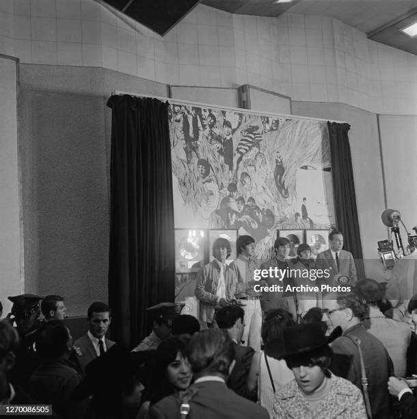 English rock group the Beatles hold a press conference at the Capitol Records Tower in Los Angeles before their live performance at the Dodger...