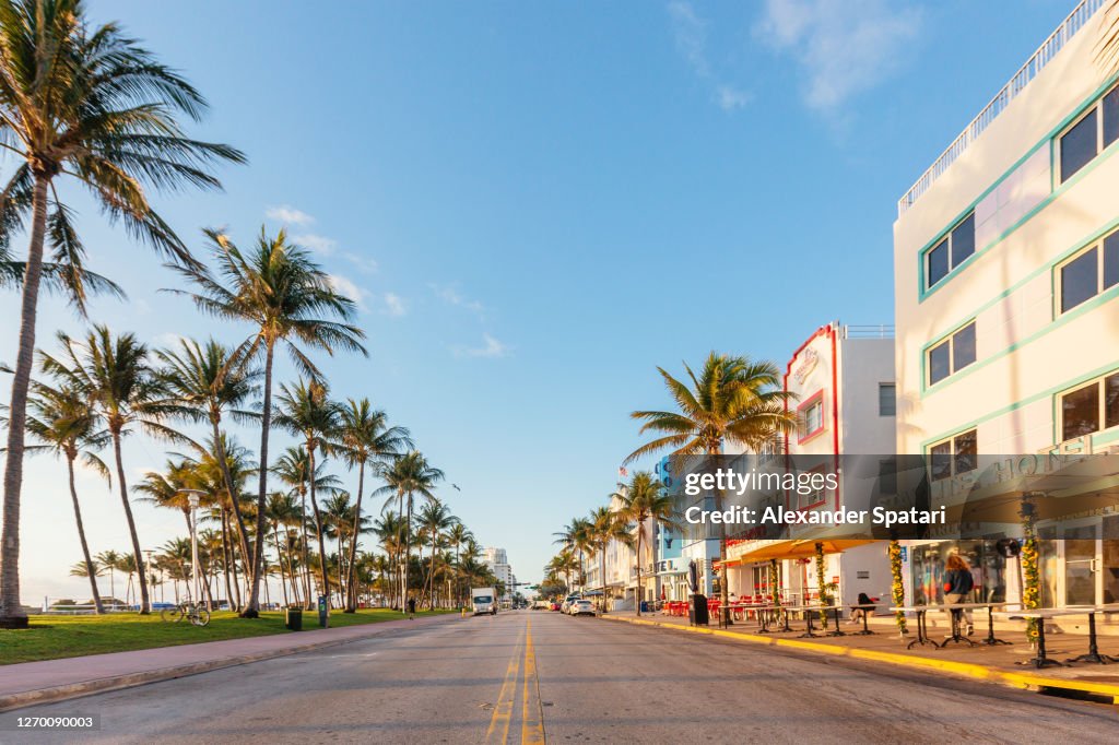 Empty Ocean Drive in the morning, South Beach, Miami, USA