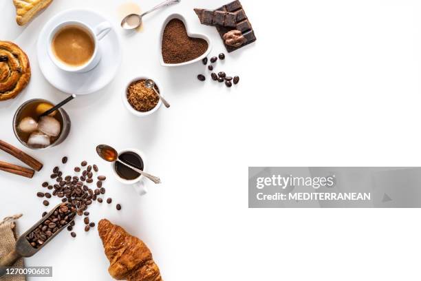 coffe assortment of coffee as expresso, latte, iced coffe - breakfast pastries stock pictures, royalty-free photos & images