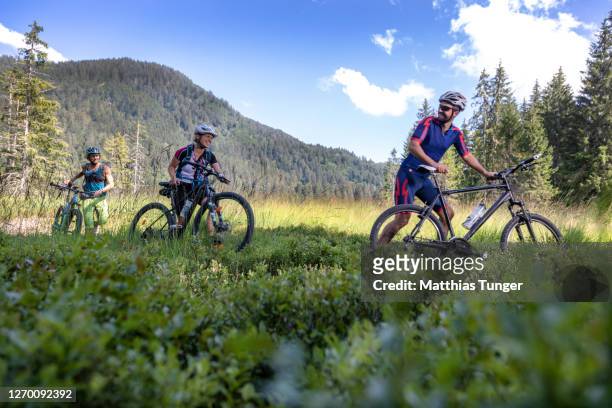 mountain bikers pusing their bikes through a meadow - cliqueimages stock pictures, royalty-free photos & images