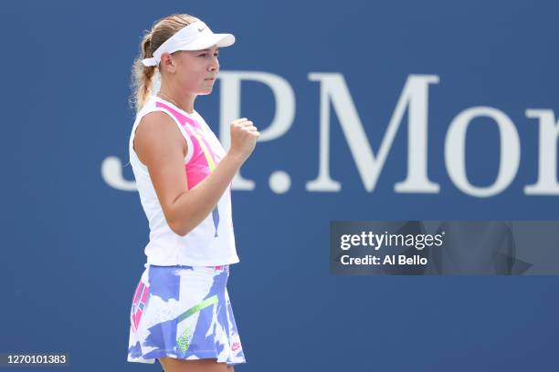 Amanda Anisimova of the United States reacts during her Women's Singles first round match against Viktoriya Tomova of Bulgaria on Day Two of the 2020...