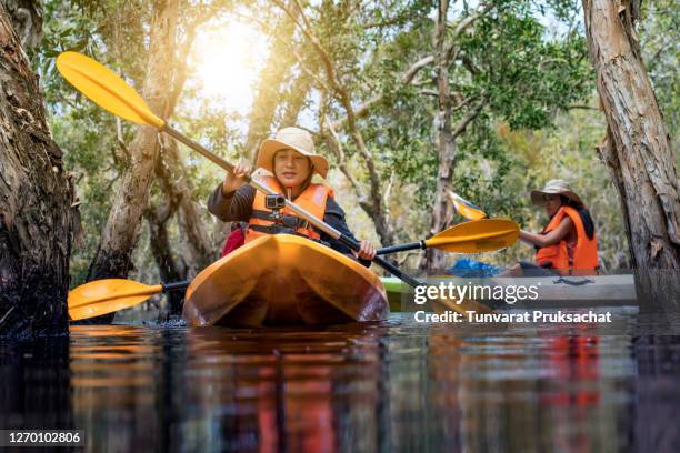a group of young asian explorers in the tropical forest by canoe - bonaire stockfoto's en -beelden