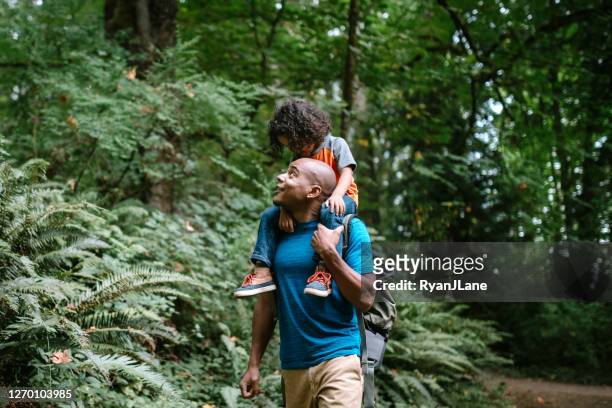 vader draagt zoon op wandeling door bos trail in pacific northwest - nosotroscollection stockfoto's en -beelden