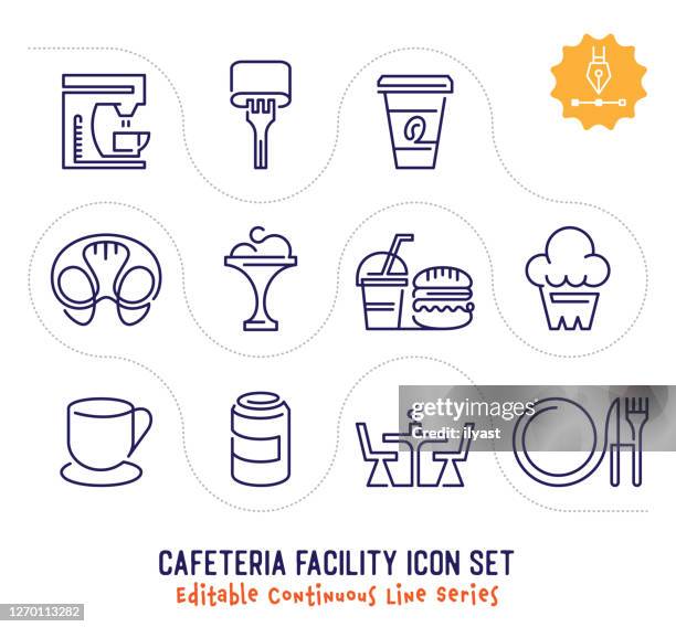 cafeteria facility editable continuous line icon pack - school-cafeteria stock illustrations