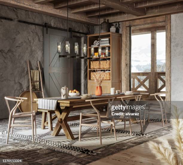 3d rendering of a dining table in winter cottage - hut interior stock pictures, royalty-free photos & images
