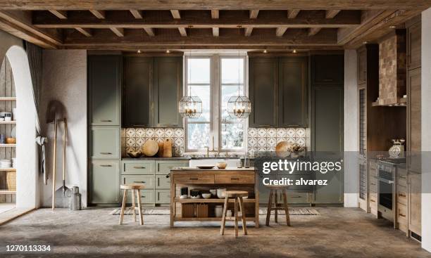 3d render of simple kitchen design in winter cottage - kitchen island stock pictures, royalty-free photos & images