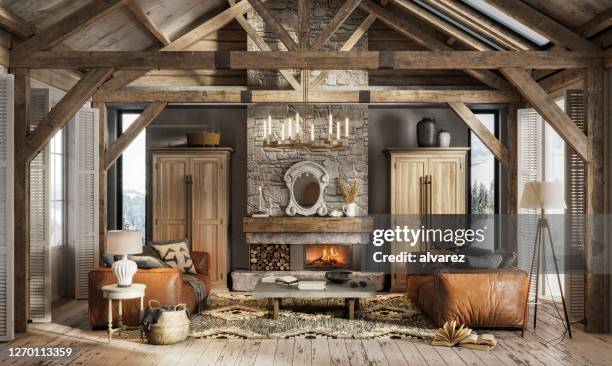 3d render eines luxuriösen interieurs eines winterhauses - cottage style stock-fotos und bilder