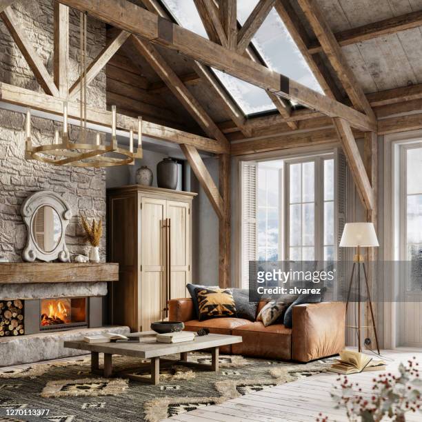 3d-wiedergabe eines möblierten winterhaus-wohnzimmers - furniture stock-fotos und bilder