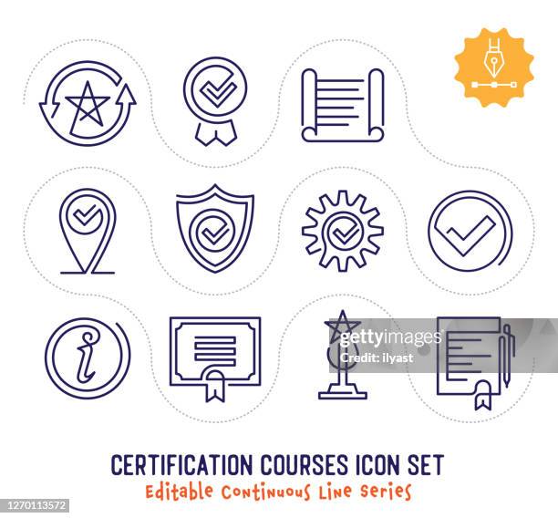 certification courses editable continuous line icon pack - qualification round stock illustrations