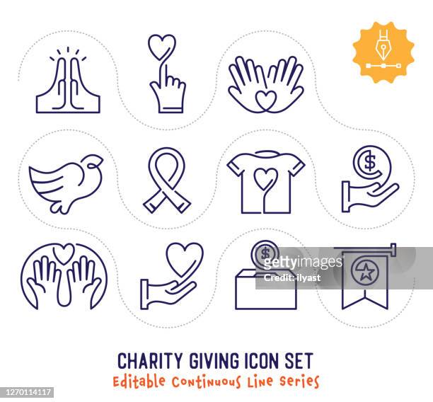 charity giving editable continuous line icon pack - charitable foundation stock illustrations