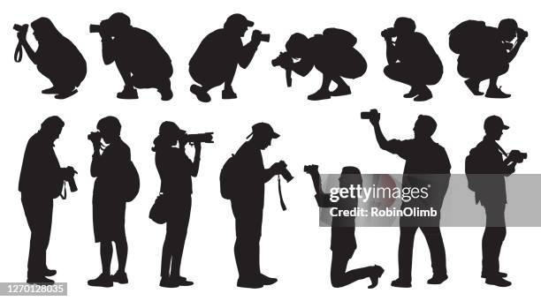 ilustrações de stock, clip art, desenhos animados e ícones de photographer silhouettes - camera stand