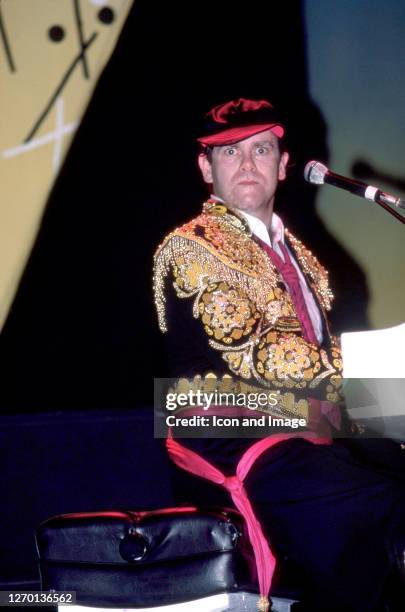 English singer, songwriter, pianist and composer, Sir Elton John, performs at Pine Knob Music Theatre during his "Jump Up Tour," on July 17 in...
