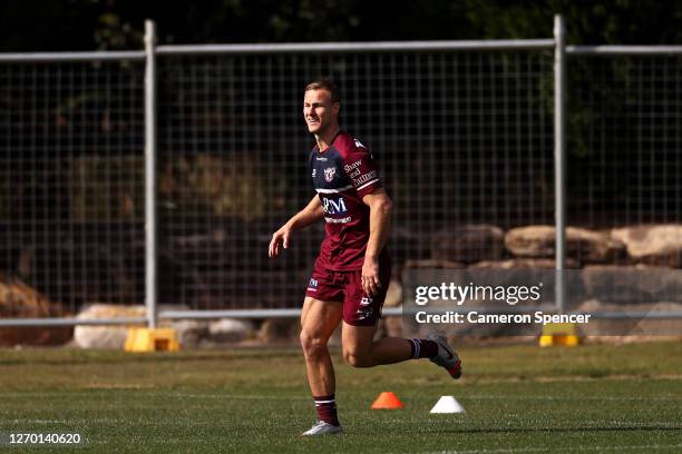 Daly Cherry-Evans of the Sea Eagles runs during a Manly Sea Eagles NRL training session at the Sydney Academy of Sport on September 02, 2020 in...