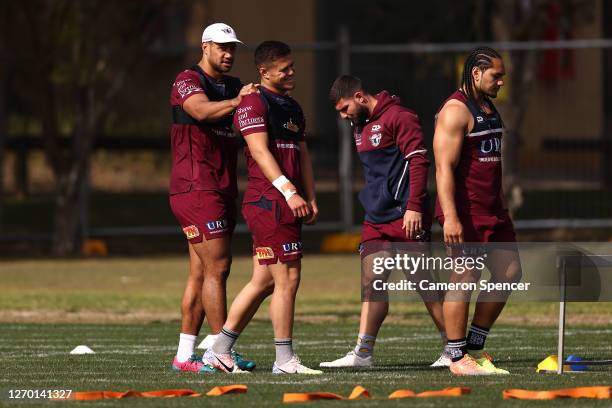 Josh Schuster of the Sea Eagles smiles during a Manly Sea Eagles NRL training session at the Sydney Academy of Sport on September 02, 2020 in Sydney,...