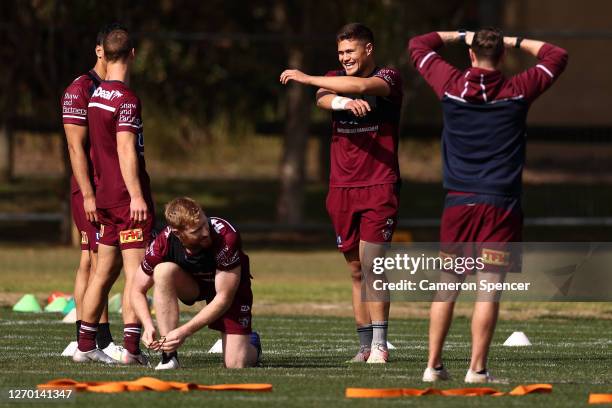 Josh Schuster of the Sea Eagles smiles during a Manly Sea Eagles NRL training session at the Sydney Academy of Sport on September 02, 2020 in Sydney,...