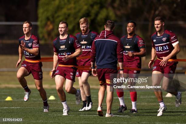 Lachlan Croker of the Sea Eagles performs drills during a Manly Sea Eagles NRL training session at the Sydney Academy of Sport on September 02, 2020...