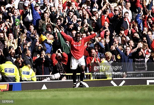 Dwight Yorke of Manchester United celebrates his goal during the FA Carling Premiership match aaginst Coventry City at Old Trafford in Manchester,...