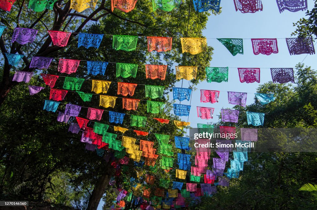 Día de Muertos (Day of the Dead)papel picado Mexican folk art paper garland decorations hanging across lane in Sayulita, Nayarit, Mexico
