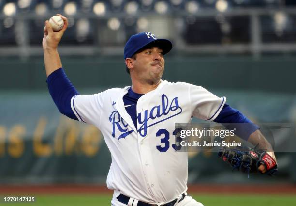 Starting pitcher Matt Harvey of the Kansas City Royals pitches during the 1st inning of the game against the Cleveland Indians at Kauffman Stadium on...