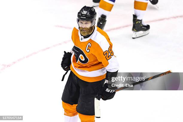 Claude Giroux of the Philadelphia Flyers celebrates after scoring a goal against the New York Islanders during the second period in Game Five of the...