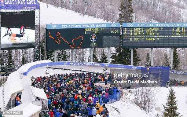 General view of the bobsled track including scoreboards and large video screen during the 2-Man Bobsled event of the 2002 Winter Olympics on February...